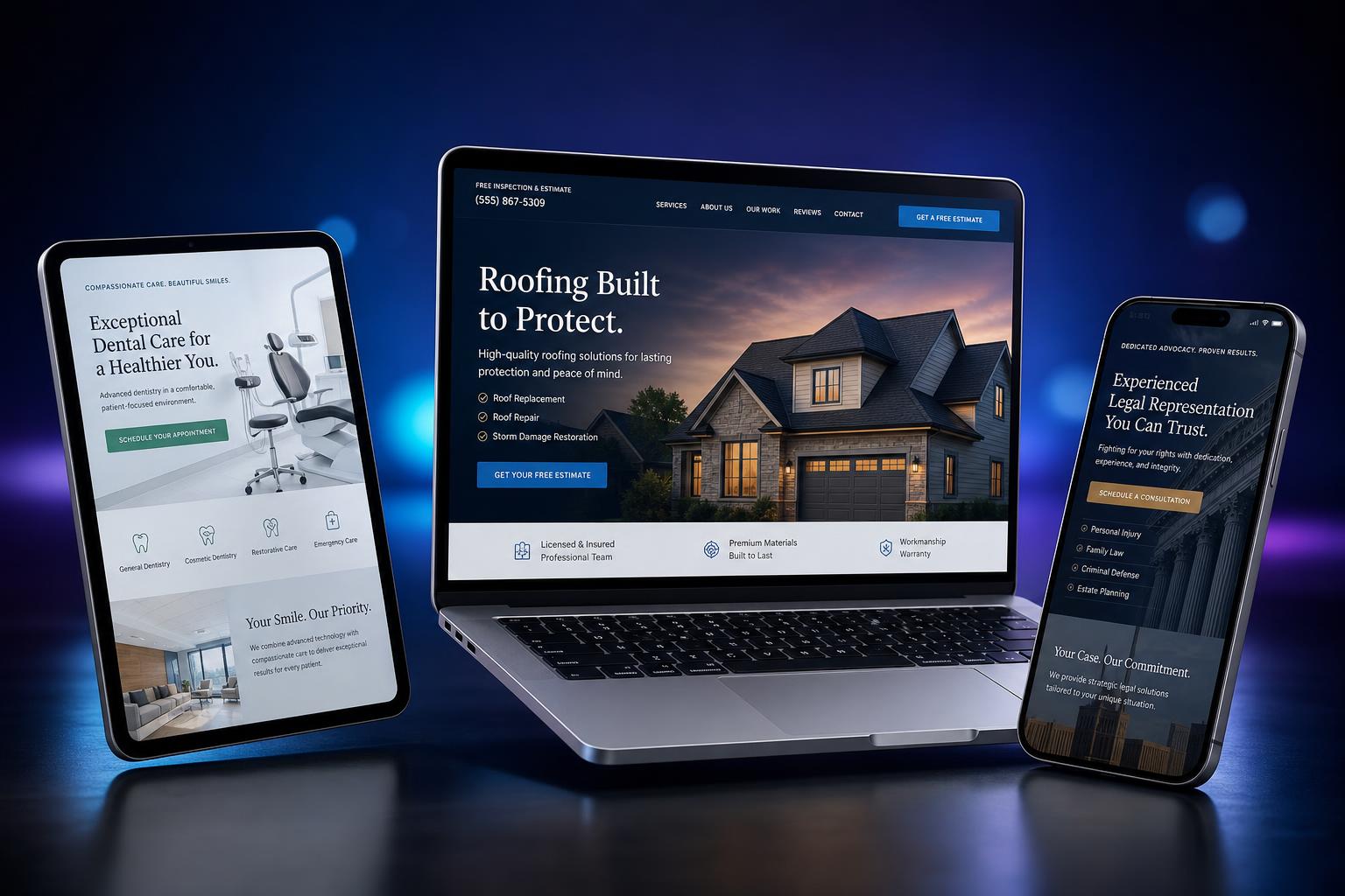 Premium website mockups on laptop, tablet, and smartphone